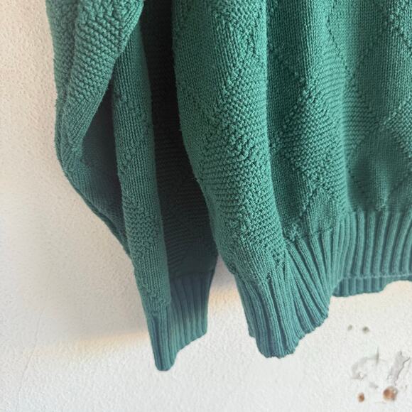 Vtg 90s Grandpa Sweater Emerald Green Diamond Textured Knit Crewneck Jantzen XL - Picture 5 of 8